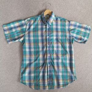 Vintage Button Down Shirt Plaid Checkered Blue Teal White